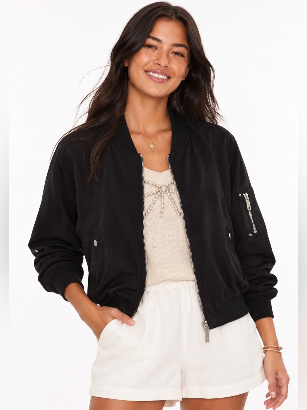 MICHAEL Michael Kors Black Silky Bomber Jacket Silver Zip L Y2K Fall - Picture 2 of 13